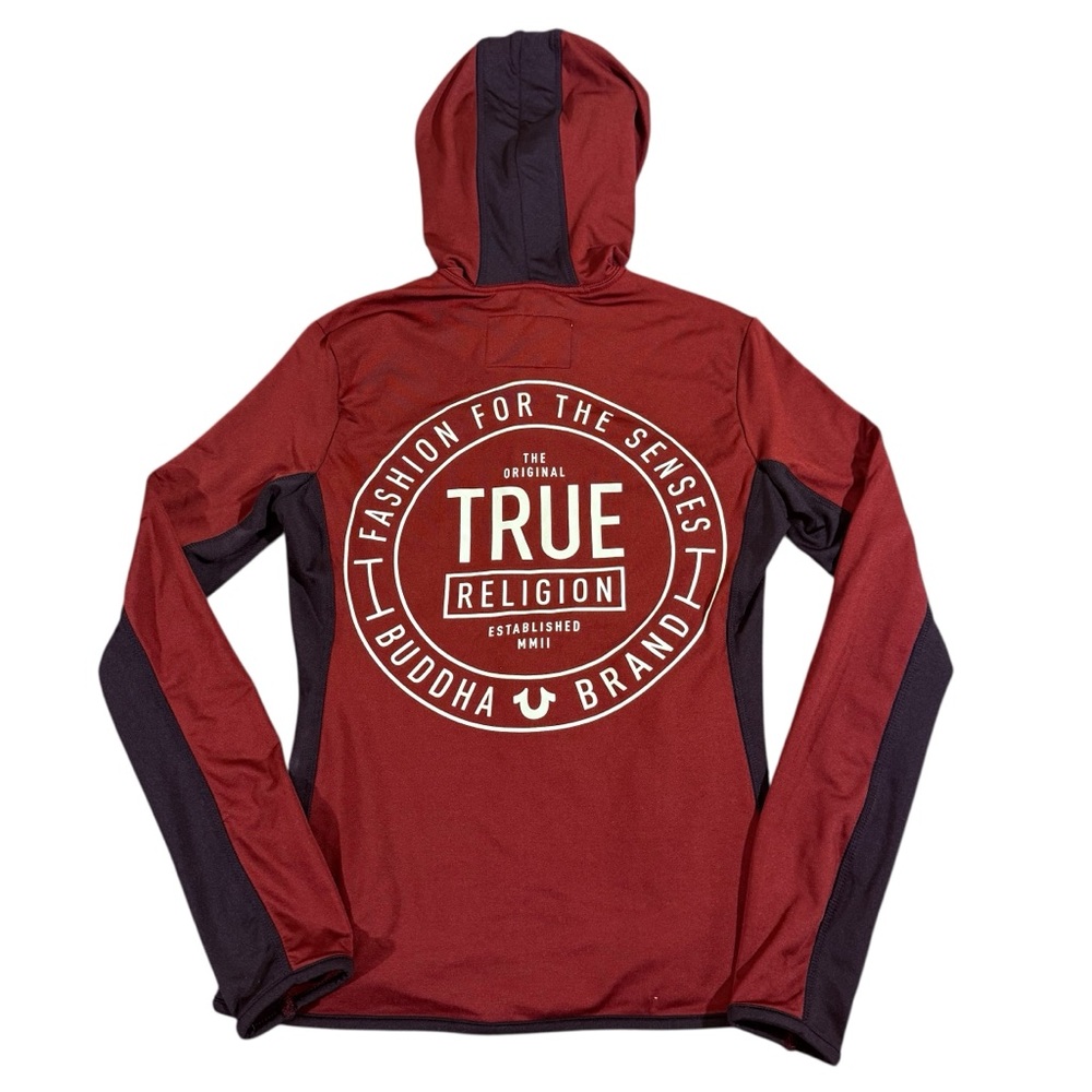 True Religion Hoodie Womens Size XS Burgundy/Black Contrast Panel Zip Activewear